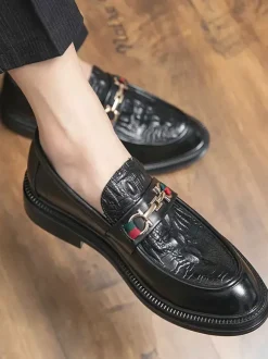Groom Loafers Men Horsebit Loafers Slip-on Leather Chunky Round Toe Shoes