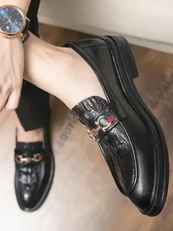 Groom Loafers Men Horsebit Loafers Slip-on Leather Chunky Round Toe Shoes