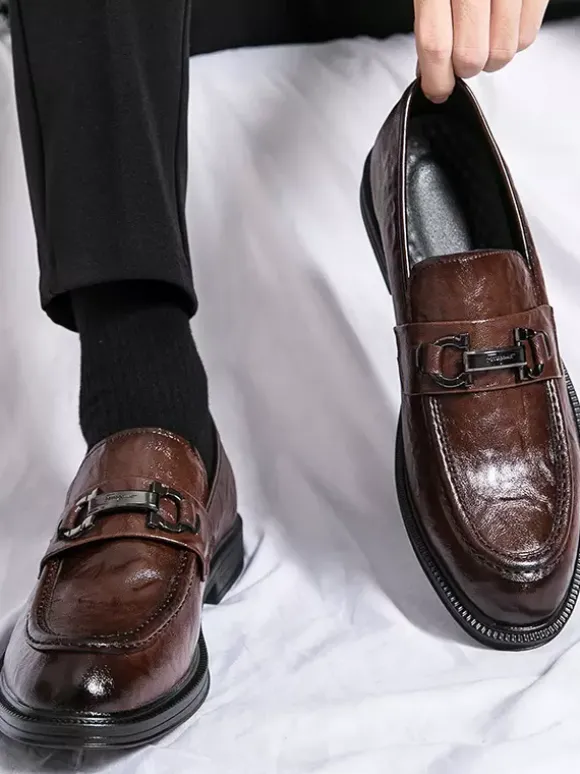 Groom Loafers Mens Bit Loafers Slip-On Low Heels Round Toe Leather Shoes