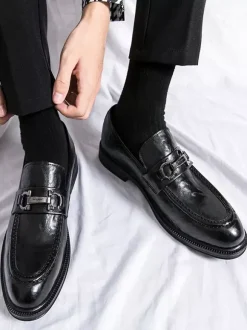 Groom Loafers Mens Bit Loafers Slip-On Low Heels Round Toe Leather Shoes