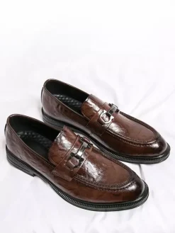 Groom Loafers Mens Bit Loafers Slip-On Low Heels Round Toe Leather Shoes