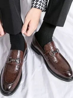 Groom Loafers Mens Bit Loafers Slip-On Low Heels Round Toe Leather Shoes