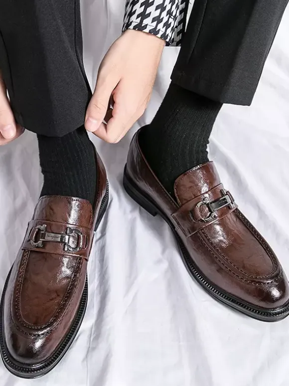 Groom Loafers Mens Bit Loafers Slip-On Low Heels Round Toe Leather Shoes