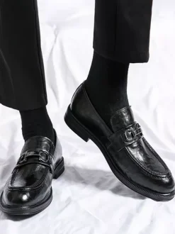 Groom Loafers Mens Bit Loafers Slip-On Low Heels Round Toe Leather Shoes