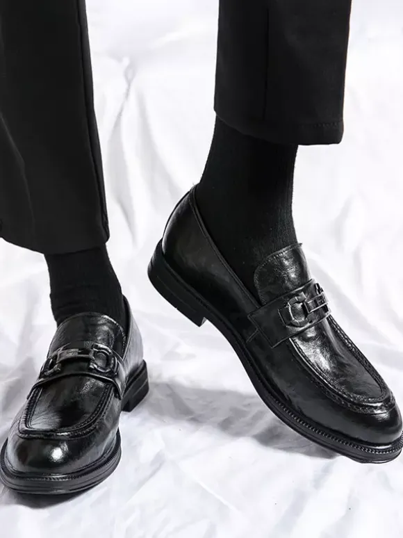 Groom Loafers Mens Bit Loafers Slip-On Low Heels Round Toe Leather Shoes
