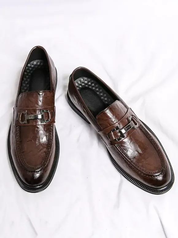 Groom Loafers Mens Bit Loafers Slip-On Low Heels Round Toe Leather Shoes