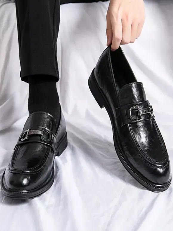 Groom Loafers Mens Bit Loafers Slip-On Low Heels Round Toe Leather Shoes