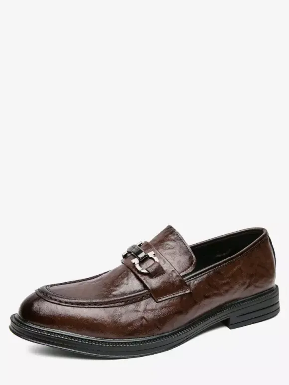 Groom Loafers Mens Bit Loafers Slip-On Low Heels Round Toe Leather Shoes