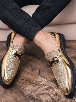 Groom Loafers Mens Bit Loafers Shiny Pointed Toe Slip-on Dress Shoes