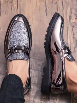 Groom Loafers Mens Bit Loafers Shiny Pointed Toe Slip-on Dress Shoes