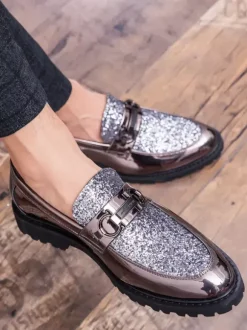 Groom Loafers Mens Bit Loafers Shiny Pointed Toe Slip-on Dress Shoes