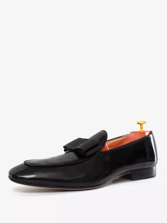 Groom Loafers Mens Bowknot Belgian Loafers in Black Patent Leather Prom Party Wedding Shoes