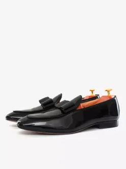 Groom Loafers Mens Bowknot Belgian Loafers in Black Patent Leather Prom Party Wedding Shoes