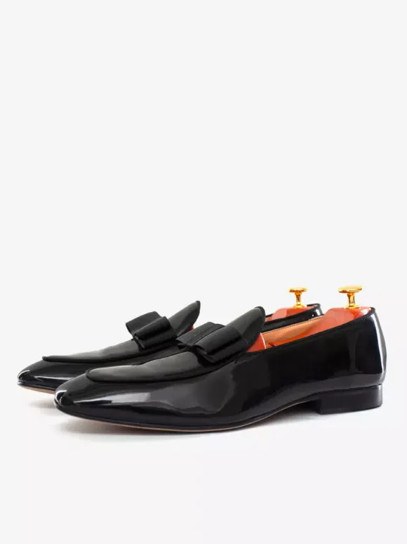 Groom Loafers Mens Bowknot Belgian Loafers in Black Patent Leather Prom Party Wedding Shoes