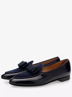 Groom Loafers Mens Bowknot Belgian Loafers in Black Patent Leather Prom Party Wedding Shoes