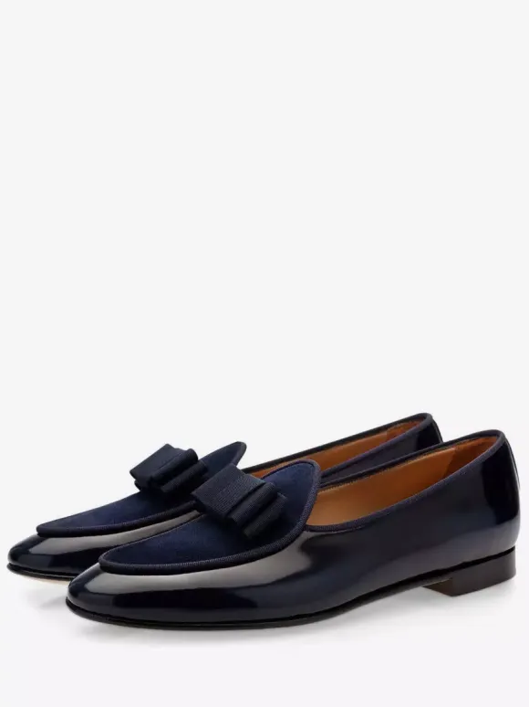 Groom Loafers Mens Bowknot Belgian Loafers in Black Patent Leather Prom Party Wedding Shoes