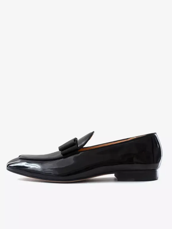 Groom Loafers Mens Bowknot Belgian Loafers in Black Patent Leather Prom Party Wedding Shoes