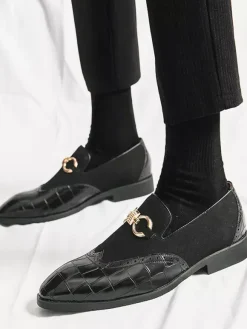 Groom Loafers Mens Horsebit Loafers Stone Pattern Splice Suede Leather Slip-on Pointed Toe Shoes
