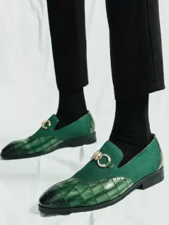 Groom Loafers Mens Horsebit Loafers Stone Pattern Splice Suede Leather Slip-on Pointed Toe Shoes
