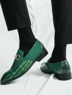 Groom Loafers Mens Horsebit Loafers Stone Pattern Splice Suede Leather Slip-on Pointed Toe Shoes