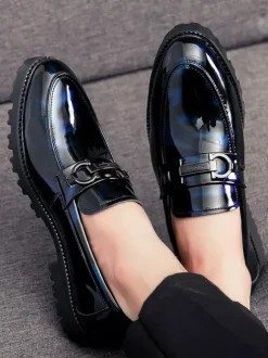 Groom Loafers Mens Horsebit Loafers Slip-on Patent Anti-Slip Chunky Shoes