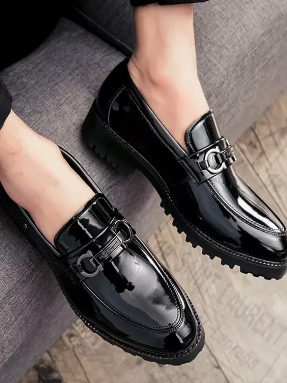 Groom Loafers Mens Horsebit Loafers Slip-on Patent Anti-Slip Chunky Shoes