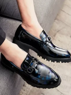 Groom Loafers Mens Horsebit Loafers Slip-on Patent Anti-Slip Chunky Shoes