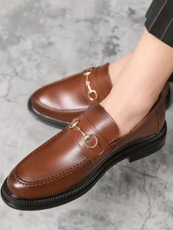 Groom Loafers Men Horsebit Loafers Slip-on Leather Chunky Round Toe Shoes