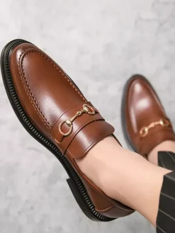 Groom Loafers Men Horsebit Loafers Slip-on Leather Chunky Round Toe Shoes