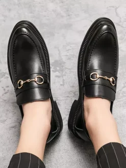 Groom Loafers Men Horsebit Loafers Slip-on Leather Chunky Round Toe Shoes