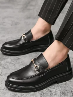 Groom Loafers Men Horsebit Loafers Slip-on Leather Chunky Round Toe Shoes