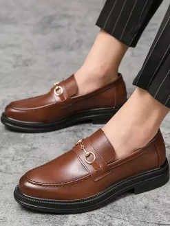 Groom Loafers Men Horsebit Loafers Slip-on Leather Chunky Round Toe Shoes
