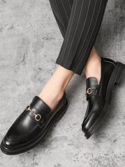 Groom Loafers Men Horsebit Loafers Slip-on Leather Chunky Round Toe Shoes