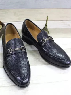 Groom Loafers Mens Bit Loafers Pointed Toe Snake Pattern Metal Trend Dress Shoes Wedding Leather Shoes