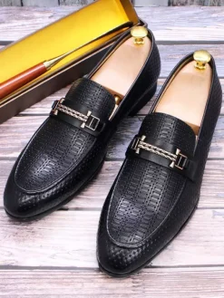 Groom Loafers Mens Bit Loafers Pointed Toe Snake Pattern Metal Trend Dress Shoes Wedding Leather Shoes