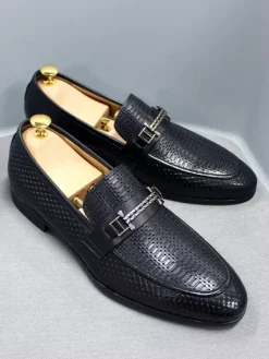 Groom Loafers Mens Bit Loafers Pointed Toe Snake Pattern Metal Trend Dress Shoes Wedding Leather Shoes