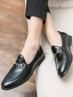 Groom Loafers Mens Bit Loafers Business Casual Slip-On Breathable Pointy Toe Leather Shoes