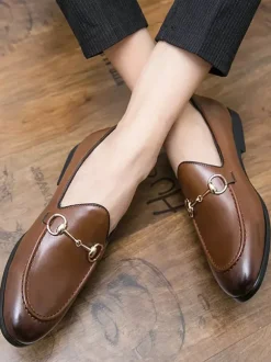 Groom Loafers Mens Bit Loafers Business Casual Slip-On Breathable Pointy Toe Leather Shoes