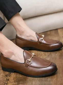 Groom Loafers Mens Bit Loafers Business Casual Slip-On Breathable Pointy Toe Leather Shoes
