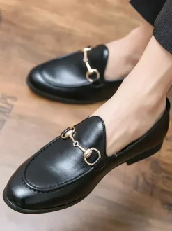Groom Loafers Mens Bit Loafers Business Casual Slip-On Breathable Pointy Toe Leather Shoes