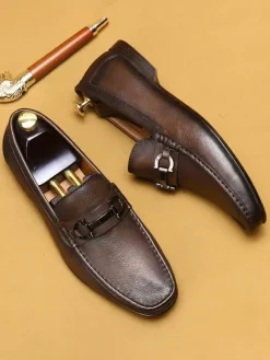 Groom Loafers Mens Horsebit Loafers Genuine Leather Moccasins Soft-Soled Slip-On Casual Shoes
