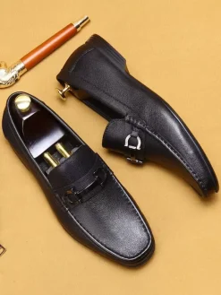 Groom Loafers Mens Horsebit Loafers Genuine Leather Moccasins Soft-Soled Slip-On Casual Shoes