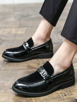 Groom Loafers Mens Horsebit Loafers Patent Splice Suede Leather Slip-On Chunky Shoes