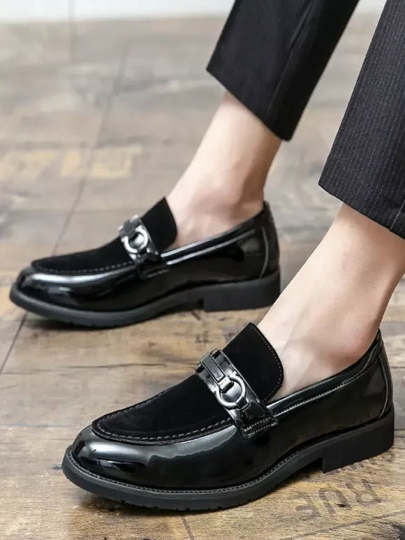 Groom Loafers Mens Horsebit Loafers Patent Splice Suede Leather Slip-On Chunky Shoes