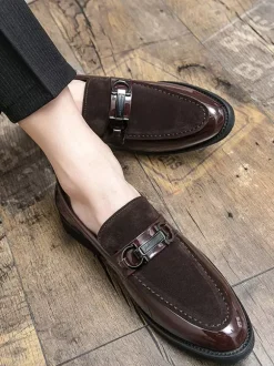 Groom Loafers Mens Horsebit Loafers Patent Splice Suede Leather Slip-On Chunky Shoes