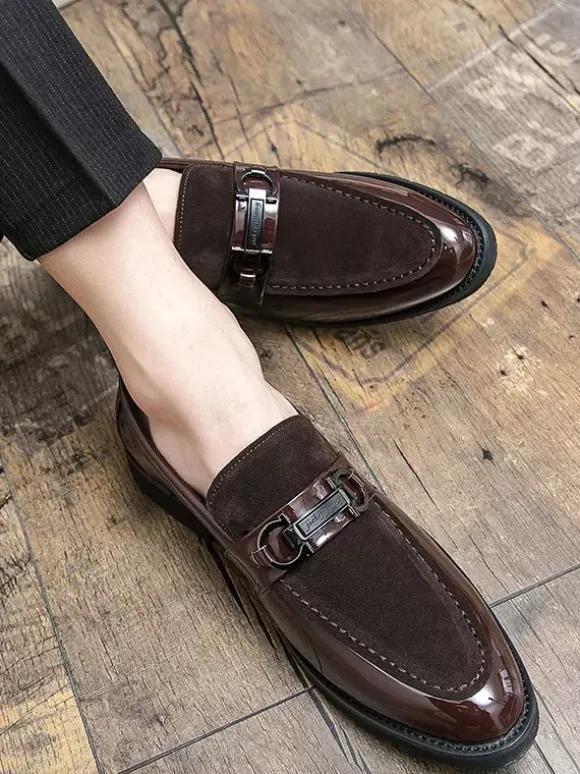 Groom Loafers Mens Horsebit Loafers Patent Splice Suede Leather Slip-On Chunky Shoes