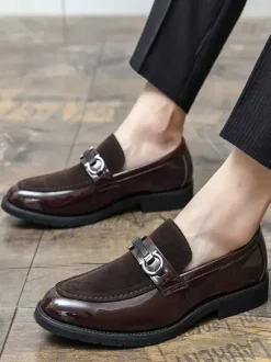 Groom Loafers Mens Horsebit Loafers Patent Splice Suede Leather Slip-On Chunky Shoes