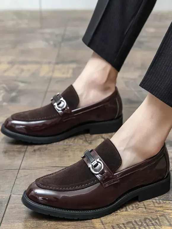 Groom Loafers Mens Horsebit Loafers Patent Splice Suede Leather Slip-On Chunky Shoes