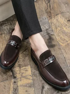 Groom Loafers Mens Horsebit Loafers Patent Splice Suede Leather Slip-On Chunky Shoes