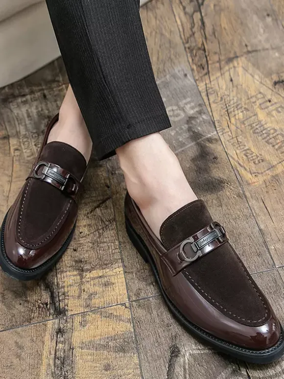 Groom Loafers Mens Horsebit Loafers Patent Splice Suede Leather Slip-On Chunky Shoes